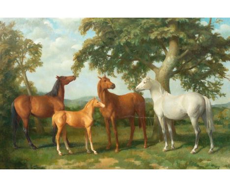 Year: 20th CenturySize: 41" x 30"Medium: OilDescription: Fine early 20th century portrait of a dapple grey horse in an open l