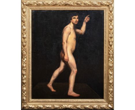 Year: 19th CenturySize: 38" x 38"Medium: OilDescription: Large 19th Century French School portrait of a nude male, oil on can