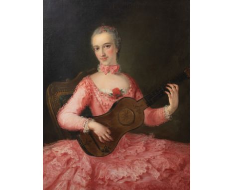 Year: 18th CenturySize: 46" x 39"Medium: OilDescription: Large 18th Century French portrait of a lady wearing a pink dress ho