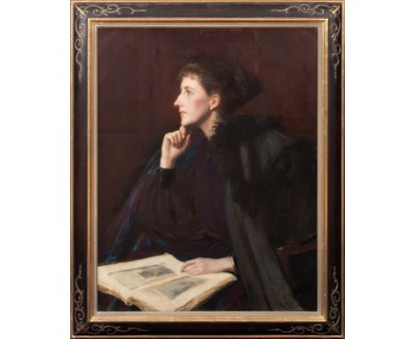 Year: 19th CenturySize: 38" x 31" Medium: OilDescription: Large circa 1900 English portrait of lady in contemplation, oil on 