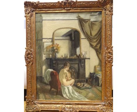 Year: 20th CenturySize: 38.5" x 30.5"Medium: OilDescription: Fine large early 20th Century portrait of a nude girl by the fir