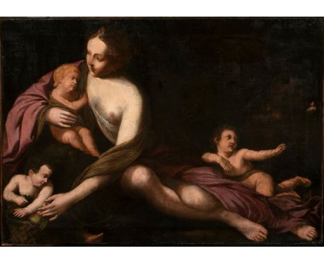 Year: 17th CenturySize: 62" x 44"Medium: OilDescription: Huge circa 1600 Italian Old Master scene of a mother and infants as 