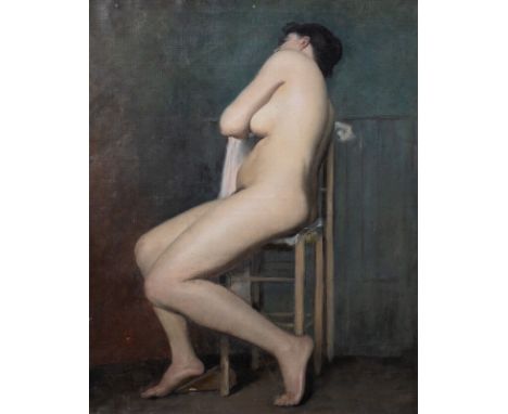 Year: 19th CenturySize: 47" x 31"Medium: OilDescription: Large 19th Century French Academy nude portrait of a woman seated, o