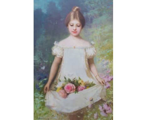 Year: 19th CenturySize: 110cm x 80cmMedium: OilDescription: Fine large 19th century French portrait of a young girl carrying 