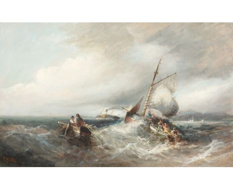 Year: 19th CenturySize: 95cm x 60cmMedium: OilDescription: Fine large 19th Century view of ships in a storm off a harbour nea