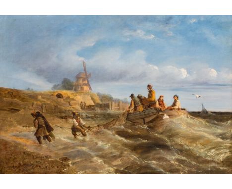 Year: 19th CenturySize: 38" x 26"Medium: OilDescription: Fine large 19th century English coastal scene with fisherfolk haulin