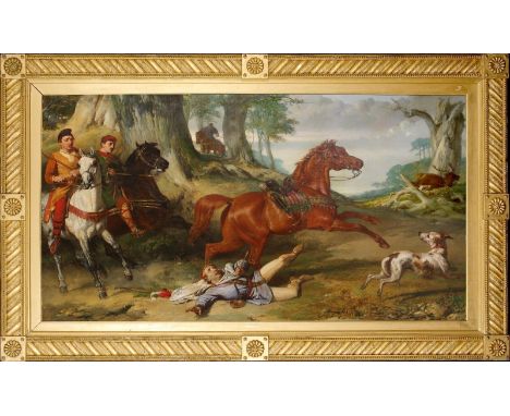 Year: 19th CenturySize: 81" x 50"Medium: OilDescription: Huge 19th Century Pre-Raphaelite Hunting scene depicting the Death o