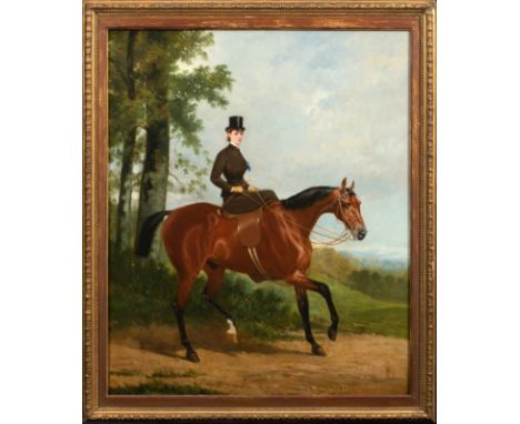Year: 19th CenturySize: 38" x 24"Medium: OilDescription: Large 19th century English portrait of a lady in riding attire on a 
