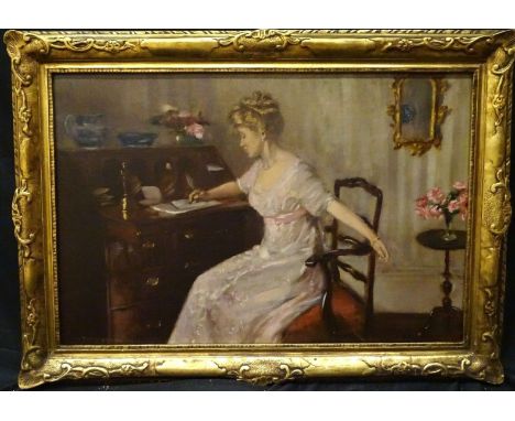 Year: 19th CenturySize: 35" x 25"Medium: OilDescription: Fine large 19th century portrait of a lady at her writing desk, oil 