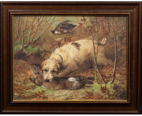Year: 19th CenturySize: 55cm x 45cmMedium: OilDescription: Fine 19th Century English hunting scene of a Terrier with a rabbit