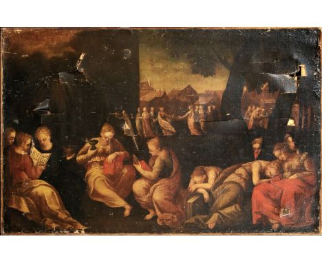 Year: 16th CenturySize: 51" x 33" Medium: OilDescription: Huge 16th Century Italian Old Master allegorical depiction of the m