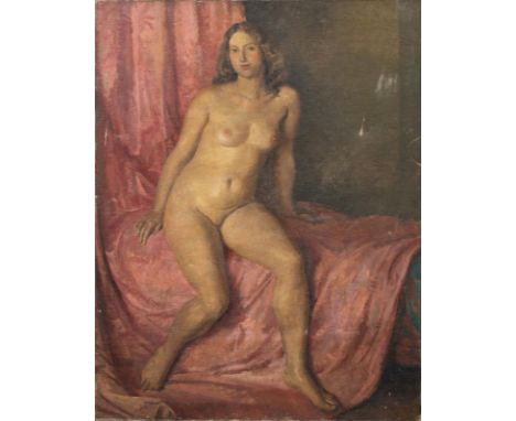 Year: 20th CenturySize: 38" x 26"Medium: OilDescription: Fine early 20th century portrait of nude woman at full length, oil o