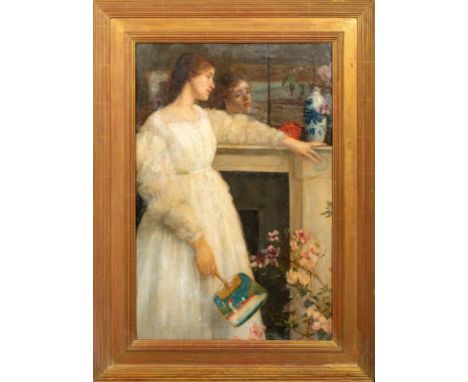 Year: 19th CenturySize: 39" x 28"Medium: OilDescription: Large late 19th Century portrait of a young lady in white, oil on ca