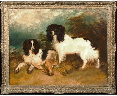 Year: 19th CenturySize: 43" x 32"Medium: OilDescription: Large 19th Century portrait of a pair of English Springer Spaniels, 
