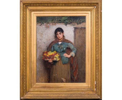Year: 19th CenturySize: 80cm x 65cmMedium: OilDescription: Fine large 19th Century portrait of an Italian flower girl, oil on