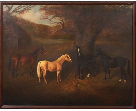 Year: 19th CenturySize: 58" x 46"Medium: OilDescription: Large 1925 English portrait of four four ponies Queenie, Creamy, Jes