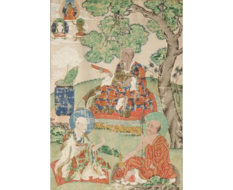 THANGKA DEPICTING THE ARHAT PANTHAKA, QING DYNASTY, seated crosslegged with left hand in sharanagamanamudra, the raised right