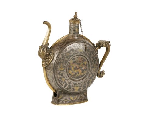 RARE GOLD, SILVER, AND COPPER DAMASCENED WINE FLASK, TIBET 18TH / 19TH CENTURY, of flattened oviod form, decorated with centr