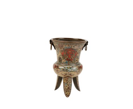 FINE CLOISONNE TRIPOD KORO, MEIJI PERIOD(1868-1912), the flared sides with twin loop handles, finely decorated throughout in 