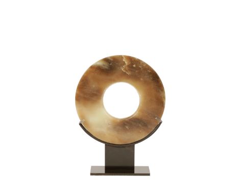 JADE DISC, NEOLITHIC STYLE OF THE LIANGZHU CULTURE, the stone of grey/green tone with darker mottling and striations, with a 