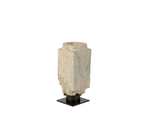 JADE CONG, NEOLITHIC STYLE OF WESTERN CHINA, the plain rectangular vessel with a circular top and base, the extensively calci