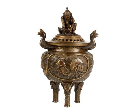 FINE BRONZE AND MIXED METAL TRIPOD KORO, MEIJI PERIOD (1868-1912), the baluster sides with twin phoenix form handles and cast
