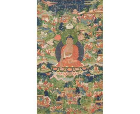 THANGKA, painted with the Shakyamuni Buddha seated in the centre, his right hand extended in Bhumisparsha mudra, his left han