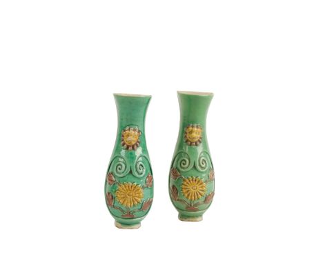 PAIR OF FAMILLE VERTE WALL VASES, QING DYNASTY, 18TH CENTURY, the sides decorated with lotus flowers and lion masks, one bear