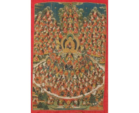 THANGKA OF MAHASANGHA, TIBET, 18TH / 19TH CENTURY, in the centre a seated Sakyamuni holding a vajra, surrounded by descendant
