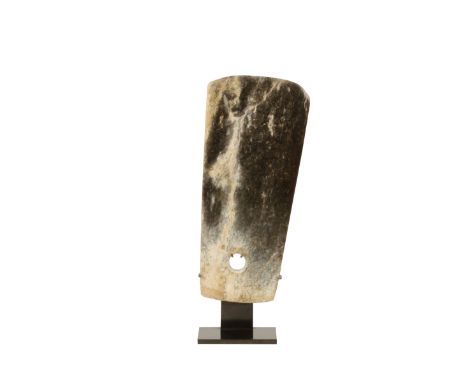 CEREMONIAL JADE BLADE, NEOLITHIC STYLE OF THE LONGSHAN CULTURE, the flared blade of rectangular form with a single hole drill