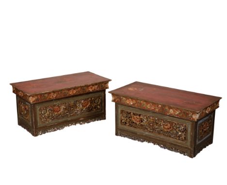 TWO POLYCHROME PAINTED CHOKSARS, TIBET, 19TH CENTURY, each of folding rectangular form and carved scrolling foliage, enriched