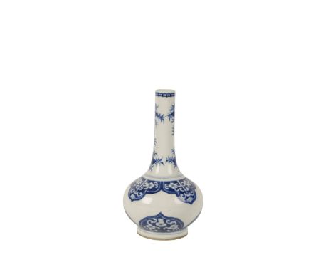 BLUE AND WHITE BOTTLE VASE, KANGXI PERIOD, the slender neck painted with fruting and flowering stems, foliate scroll lapets, 