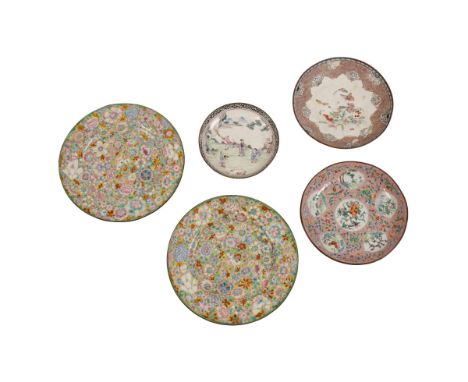 PAIR OF MILLEFLEUR CANTON ENAMEL DISHES, QING DYNASTY, 19TH CENTURY, 25.5cm diam; together with THREE FURTHER ENAMEL DISHES, 