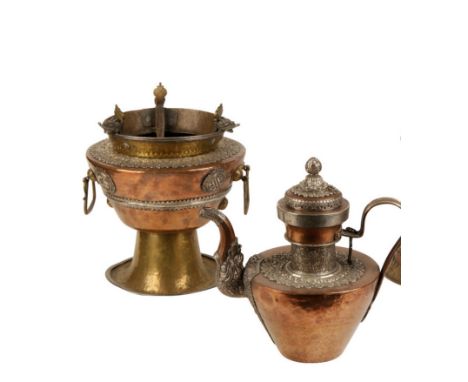 COPPER, BRASS AND SILVER TEAPOT AND BRAZIER, TIBET, 19TH CENTURY, with a dragon spout and scroll handle, the brazier with twi