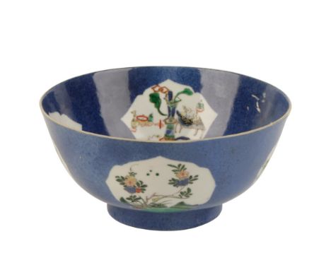 FAMILLE VERTE POWDER-BLUE GROUND BOWL, QING DYNASTY, 19TH CENTURY, painted with panels of flowers and auspicious items, bears