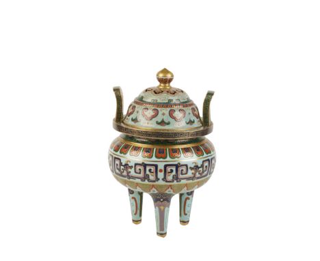 LARGE CLOISONNE TRIPOD CENSER AND COVER, QING DYNASTY, 19TH CENTURY, the domed cover pierced with a band of ruyi, the baluste