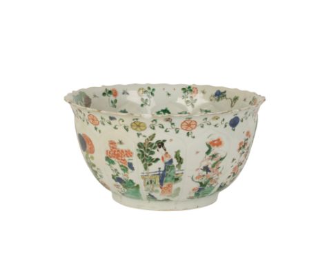 LARGE FAMILLE VERTE BOWL, KANGXI PERIOD, the lapet moulded sides painted with figures and scolling foliage, underglaze blue l