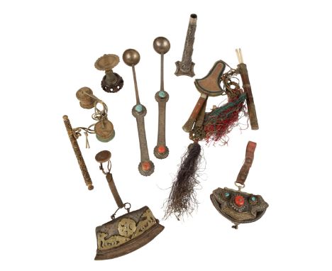 PAIR OF IRON RITUAL SPOONS, TIBET, LATE 19TH / EARLY 20TH CENTURY, the foliate engraved handles set with turquoise and coral 