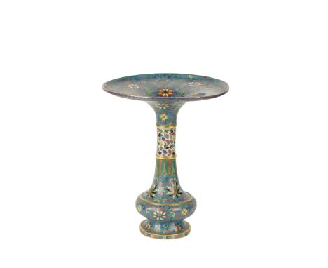 CLOISONNE FLARE FORM VASE, QING DYNASTY, 19TH CENTURY, the baluster sides decorated in coloured enamels, lotus flowers and te