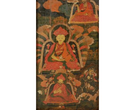 RARE PAINTED TEMPLE FRESCO, BHUTAN, 19TH CENTURY, the centre depicts a Drigung lama seated in dhyana mudra supporting the vas