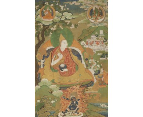 THANGKA OF SHANTIRAKSHITA, 17TH / 18TH CENTURY, seated on cushion over a throne, wearing rich red and gold, flowing robes hol