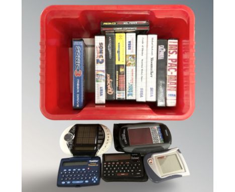 A group of Sega Megadrive game cassettes, Mega CD, electronic dictionary and crossword, sudoku, thesaurus, etc. (1 box)