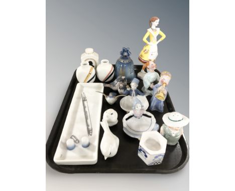 A Bing & Grondahl porcelain pen tray, further Danish porcelain figurines, pair of Royal Copenhagen vases, etc.