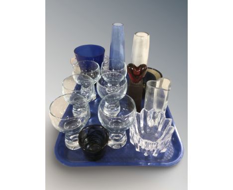 A group of Scandinavian glass vases, paperweight, set of six drinking glasses, bowls, etc.