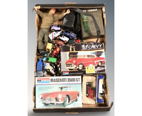 Two Monogram scale vehicle modelling kits, further die cast vehicles, Action Man figure, Instamatic 100 camera, etc. (1 box)