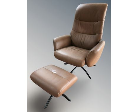 A modern Scandinavian brown leather swivel lounge armchair and matching footstool.