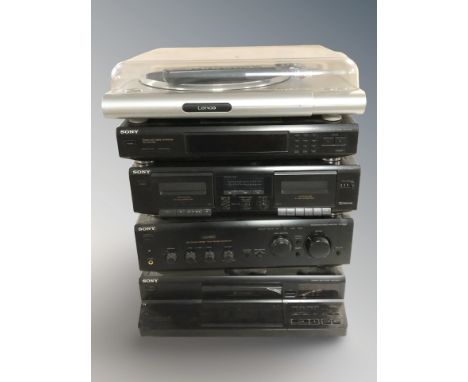 A Lenco turntable and a group of Sony separates including FM-AM tuner ST-SE200, cassette deck TC-WE305, integrated amplifier 