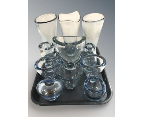 A group of Holmegaard blue tinted glass vases and bowls.