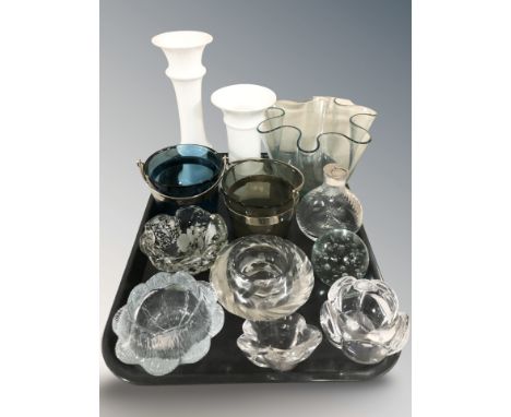A group of Scandinavian glass tea light holders, paperweight, sugar baskets, vessels, etc. 