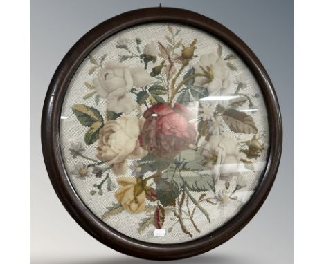 A Victorian wool work tapestry embroidery, in mahogany frame, diameter 52 cm.